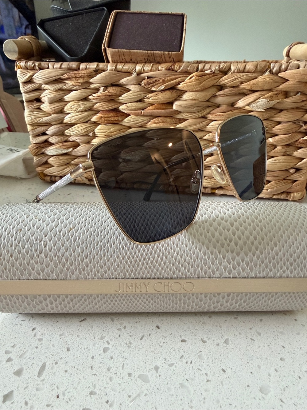 Jimmy Choo Gold Frame Sunglasses with Black Smoke Lenses and Sparkle Temples